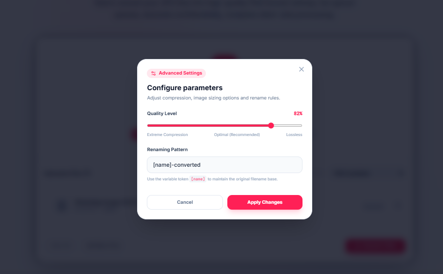 Advanced settings panel with quality slider and renaming pattern