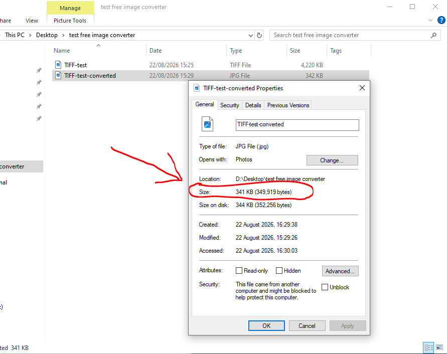 Converted JPG file properties showing 341 KB file size after conversion