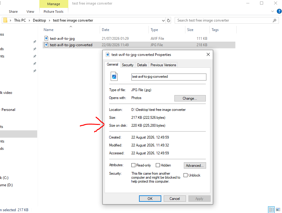 Converted JPG file properties showing 217 KB file size after conversion