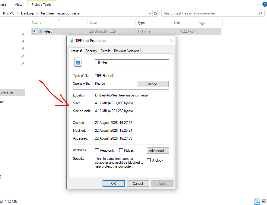 TIFF file properties showing 4.12 MB file size before conversion