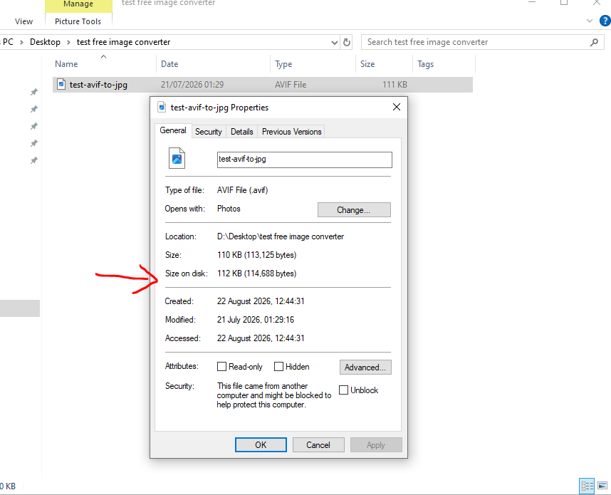 AVIF file properties showing 110 KB file size before conversion