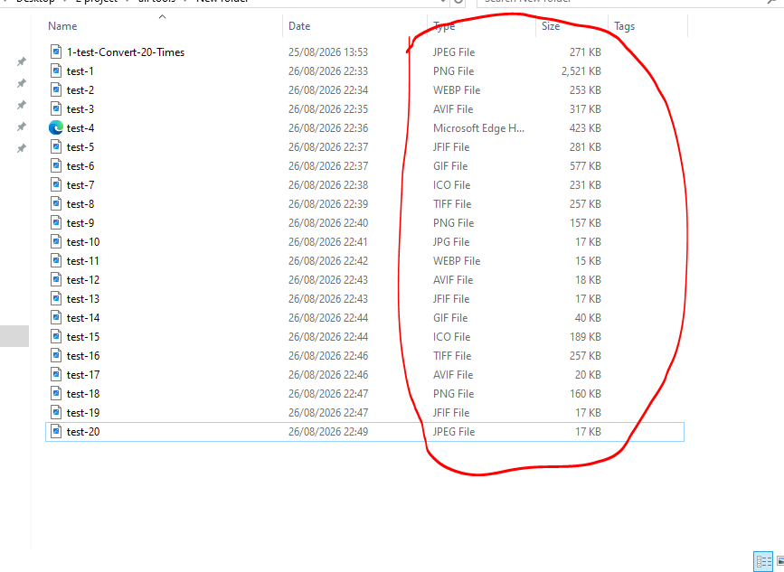 File listing showing 20 sequential image conversions with their file types and sizes