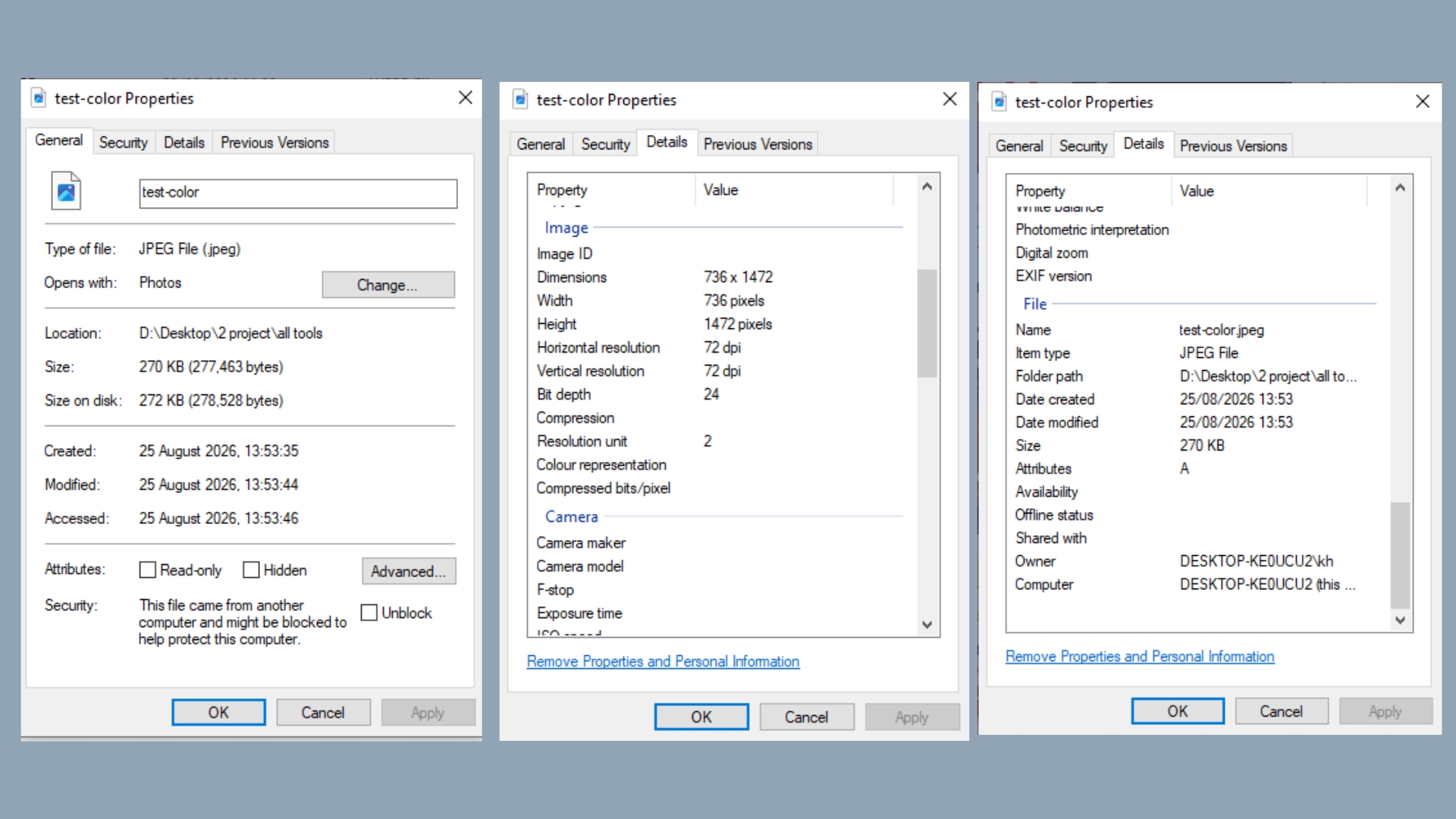 Windows file properties for the source JPEG showing General and Details tabs — 270 KB, 736×1472, 24-bit