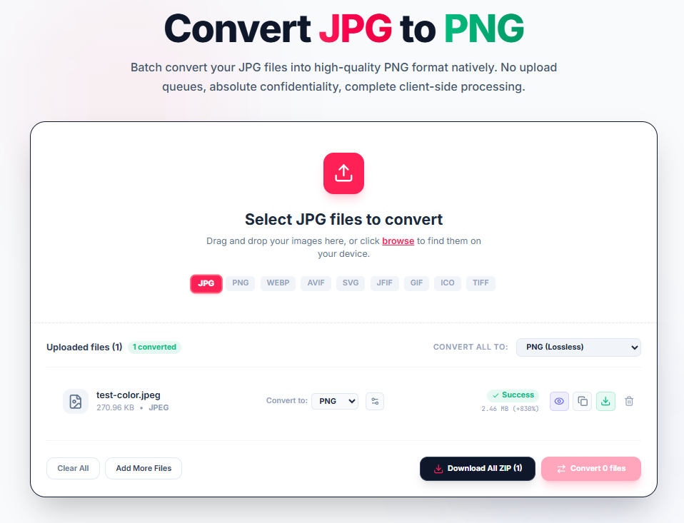 Free ImageConverter JPG to PNG tool showing the completed conversion