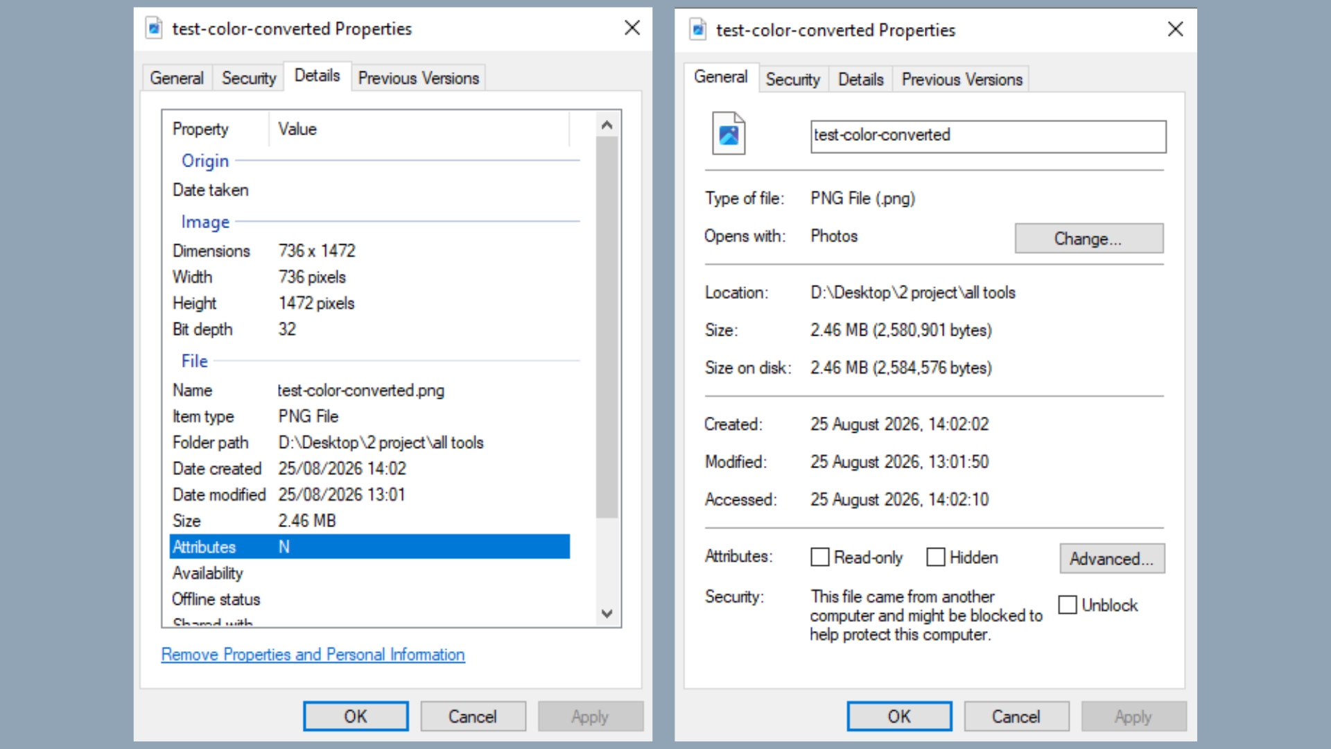 Windows file properties for the converted PNG showing Details and General tabs — 2.46 MB, 736×1472, 32-bit
