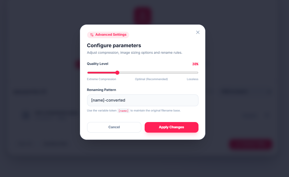 Free ImageConverter Advanced Settings panel with Quality Level set to 38%