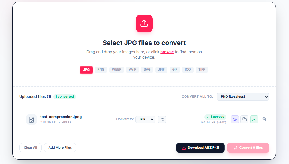 Free ImageConverter tool showing a JPEG converted with a 59% file size reduction at 38% quality