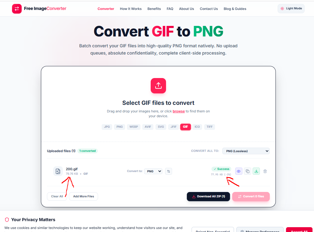 GIF to PNG conversion result showing file size dropping from 79.76 KB to 77.95 KB