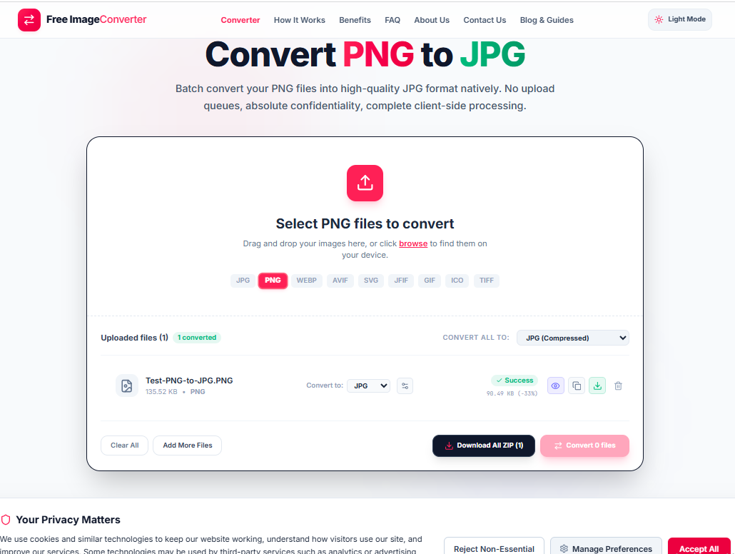 Conversion result showing file size reduced from 135.52 KB to 90.49 KB