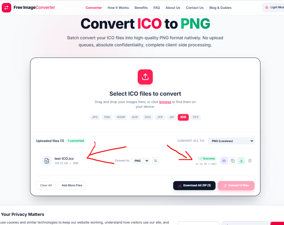 Converting an ICO file to PNG, file size dropping from 108.32 KB to 34.46 KB