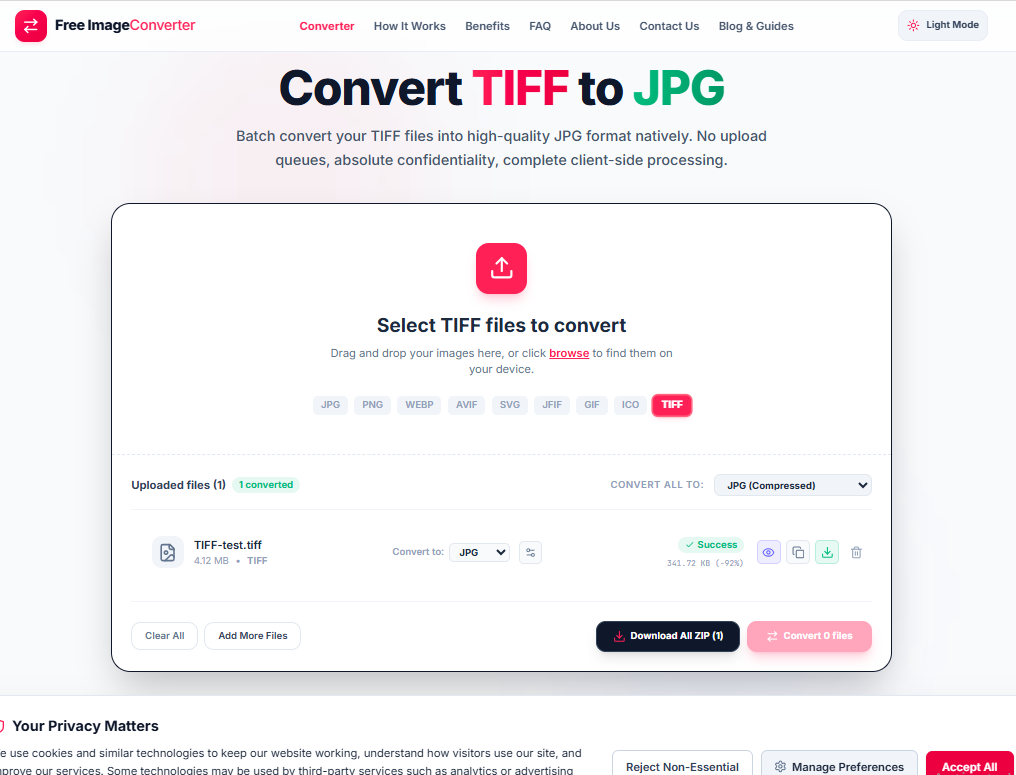 Converting a TIFF file to JPG, showing 92% size reduction