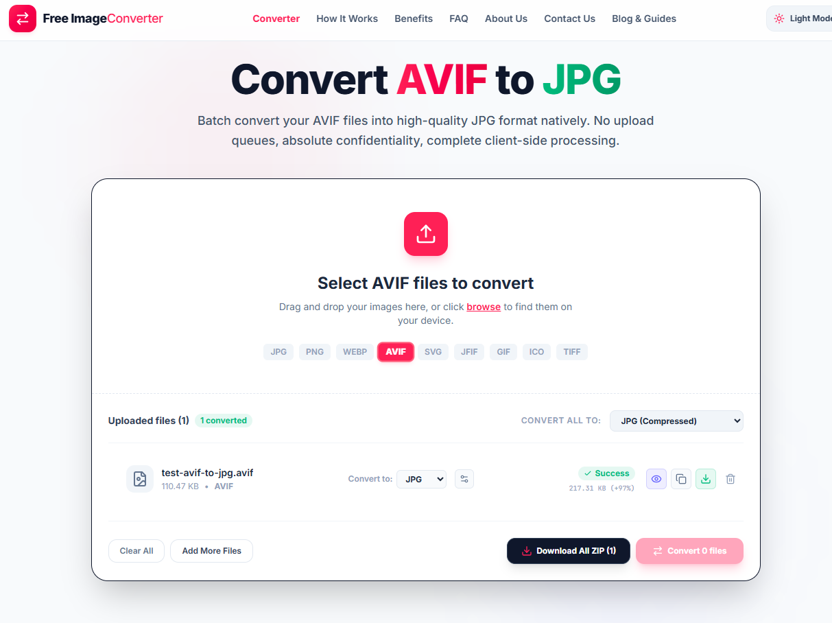 Converting an AVIF file to JPG in the browser, showing +97% size change