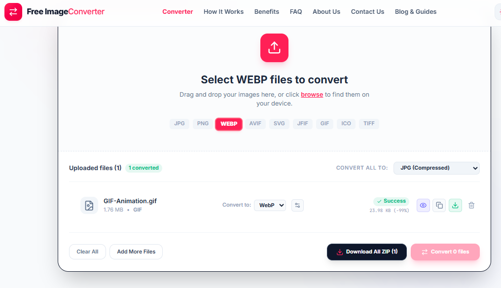 Free ImageConverter tool showing an animated GIF converted to WebP with a 99% size reduction