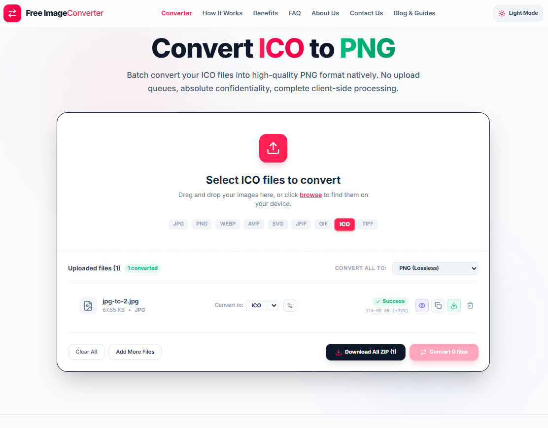 Free ImageConverter tool showing a JPG converted to a multi-resolution ICO file