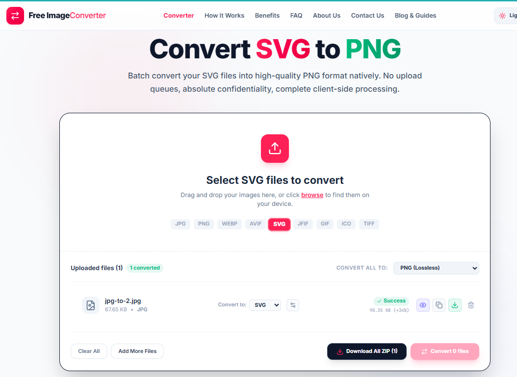 Free ImageConverter tool showing a JPG converted to SVG resulting in a larger file, consistent with raster data wrapped in an SVG container rather than true vectorization