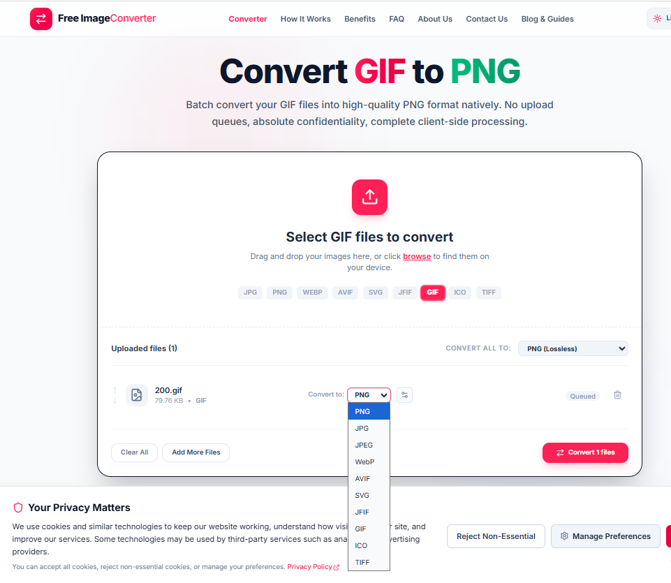 Format selection dropdown showing GIF can convert to PNG, JPG, JPEG, WebP, AVIF, SVG, JFIF, ICO, and TIFF
