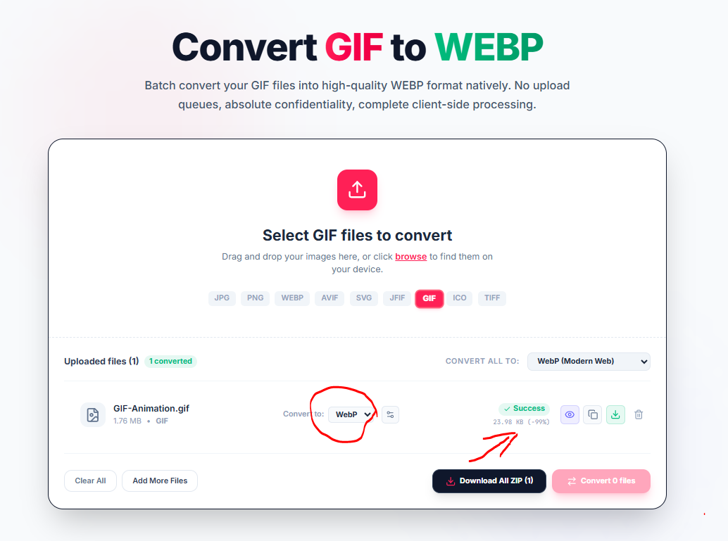 Converting an animated GIF to WebP, showing WebP selected as the output format at 99% smaller file size