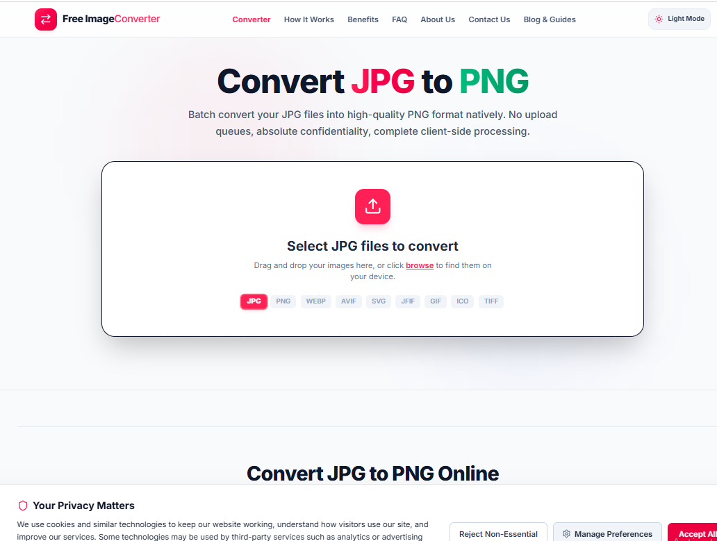 Free ImageConverter's JPG to PNG homepage