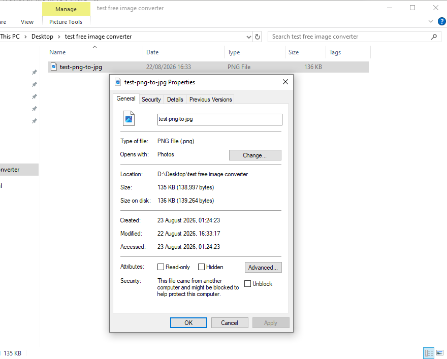 Windows file properties showing the original PNG test file at 135 KB before conversion