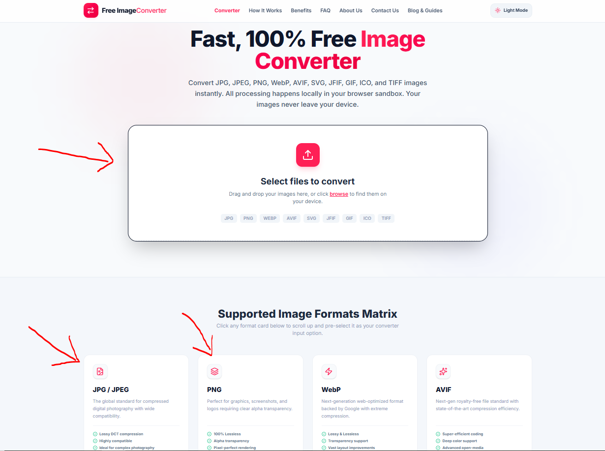 Free ImageConverter homepage showing three ways to start a PNG to JPG conversion: drag and drop, or selecting the JPG or PNG format card