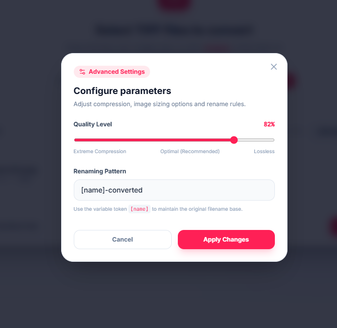 Advanced Settings panel showing the Quality Level slider set to 82% Optimal
