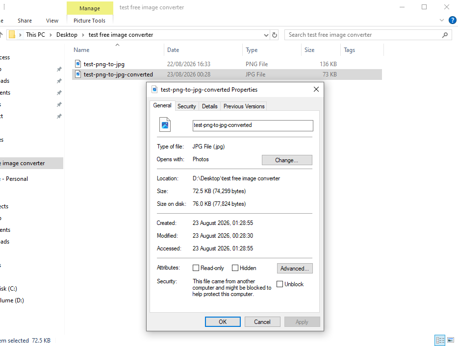 Windows file properties showing the converted JPG file at 72.5 KB after conversion