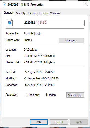 Windows file properties General tab for the original JPG photo showing file size and dates