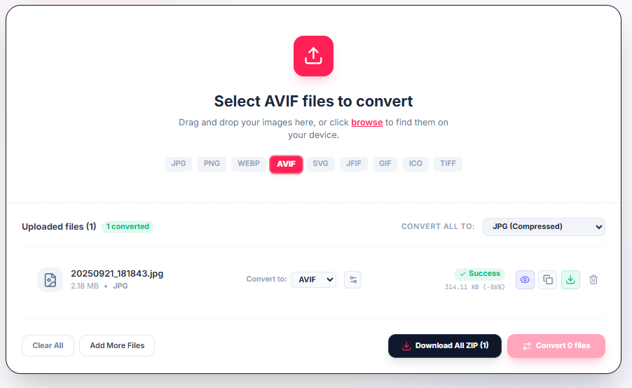 Free ImageConverter tool showing the JPG converted to AVIF with an 86% file size reduction