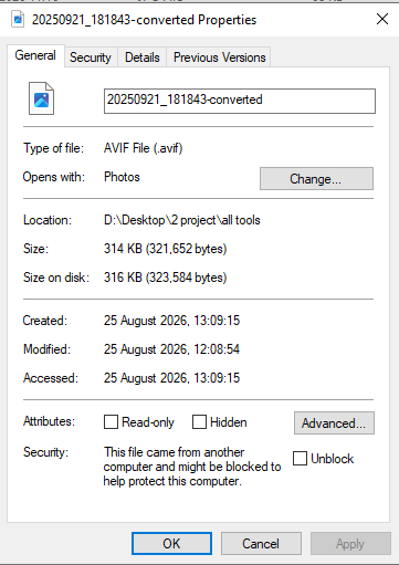Windows file properties General tab for the converted AVIF file showing the new file size