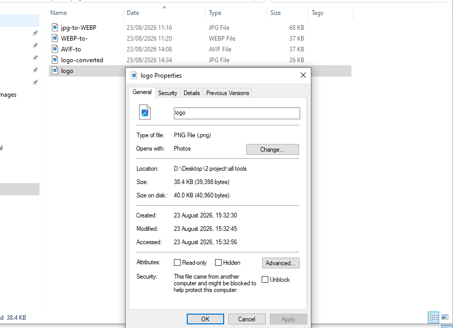 Windows file properties showing the original transparent PNG logo at 38.4 KB