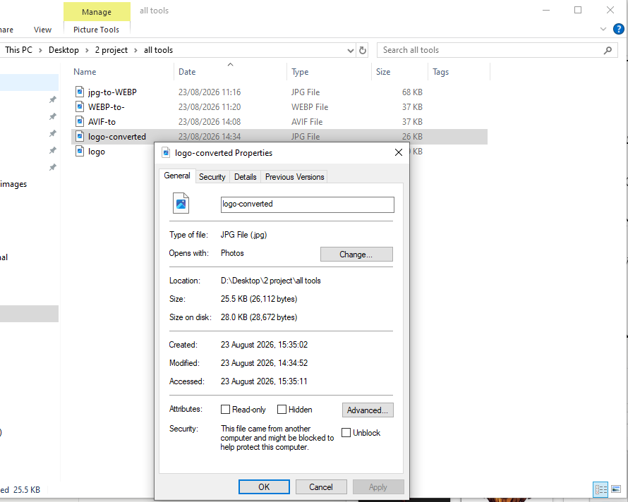 Windows file properties showing the converted JPG logo at 25.5 KB with transparency lost