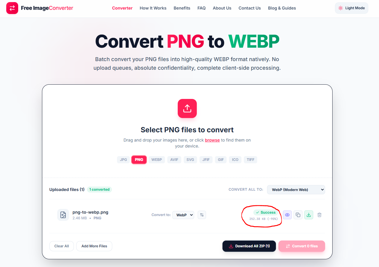 Converting a PNG to WebP, file size dropping 90% from 2.46 MB to 252.38 KB