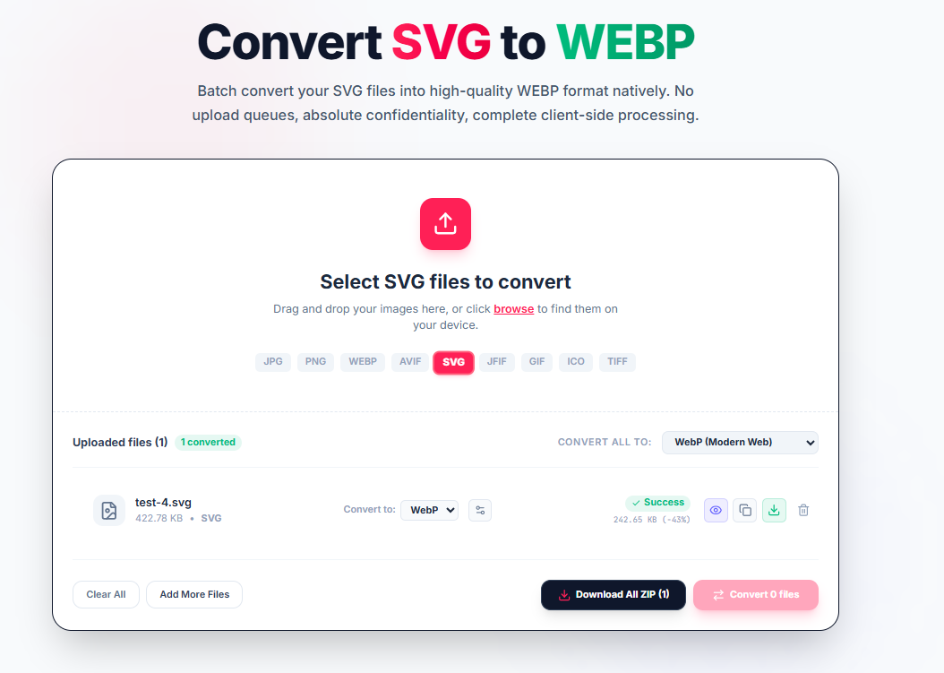 Converting an SVG file to WebP, file size dropping from 422.78 KB to 242.65 KB
