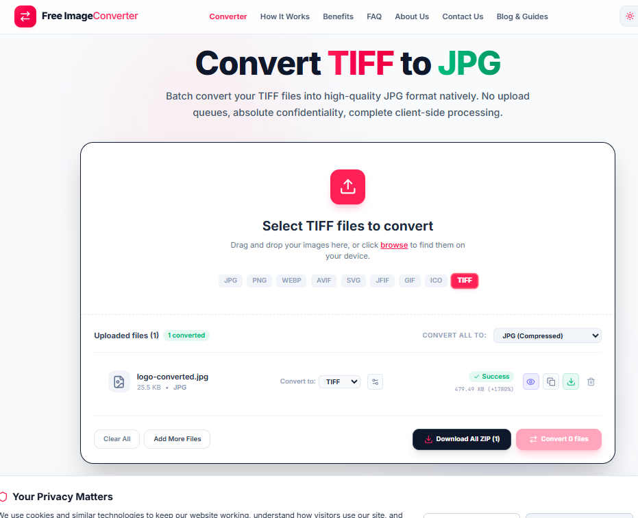 Free ImageConverter tool showing a JPG file converted to TIFF with a 1780% file size increase