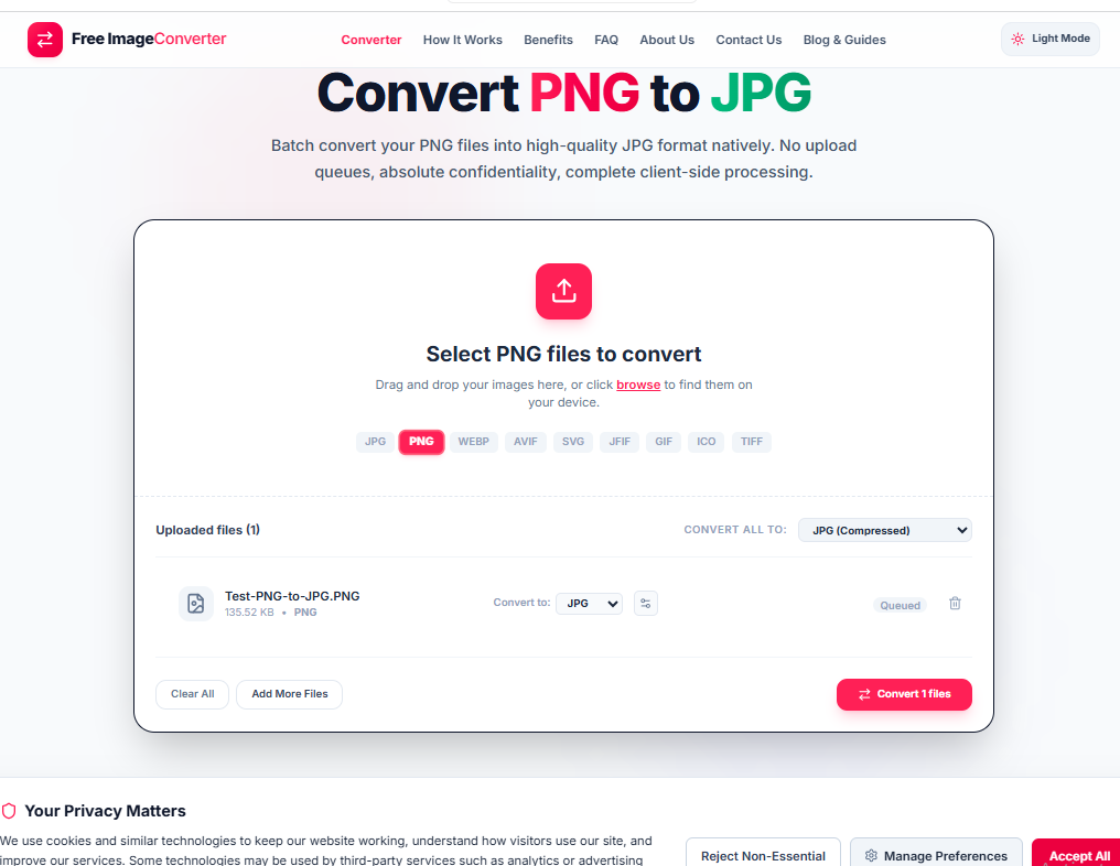 Uploading a PNG file to the converter, 135.52 KB