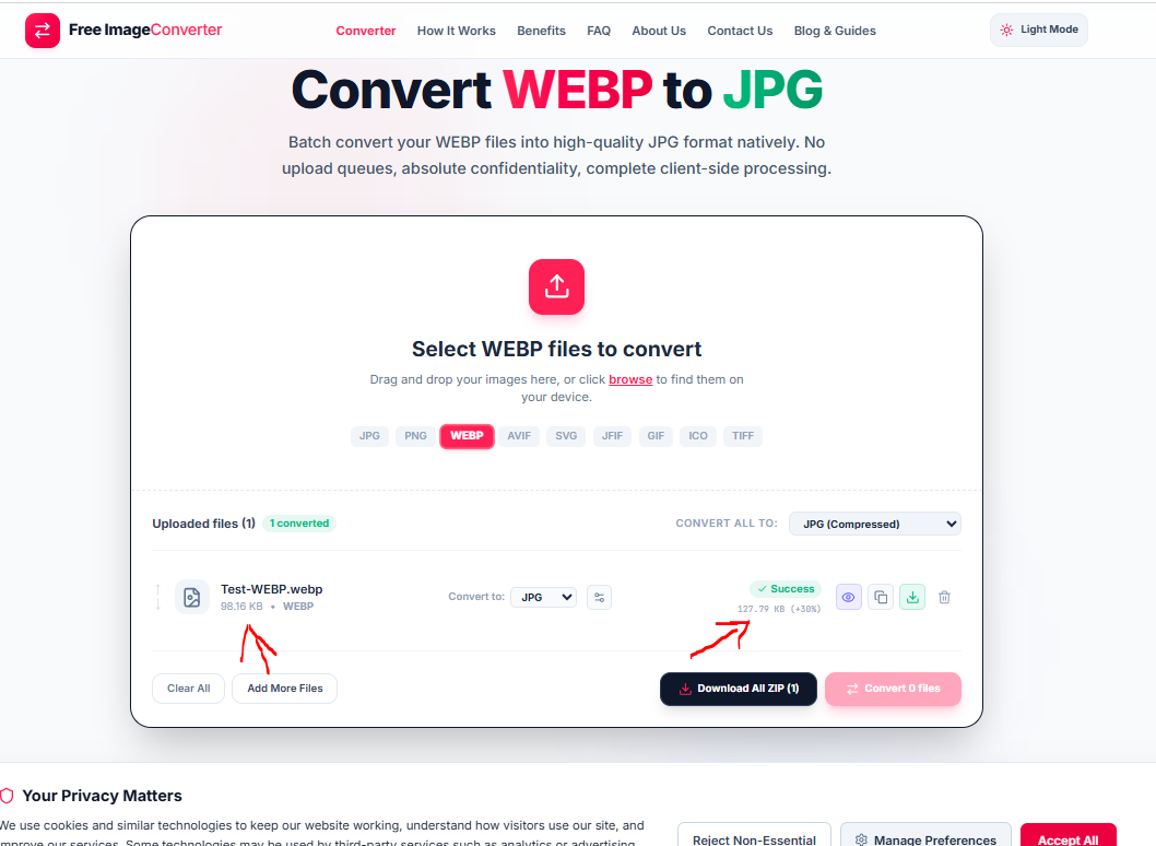 Free ImageConverter tool showing a JPG file converted to WebP with a 46% file size reduction