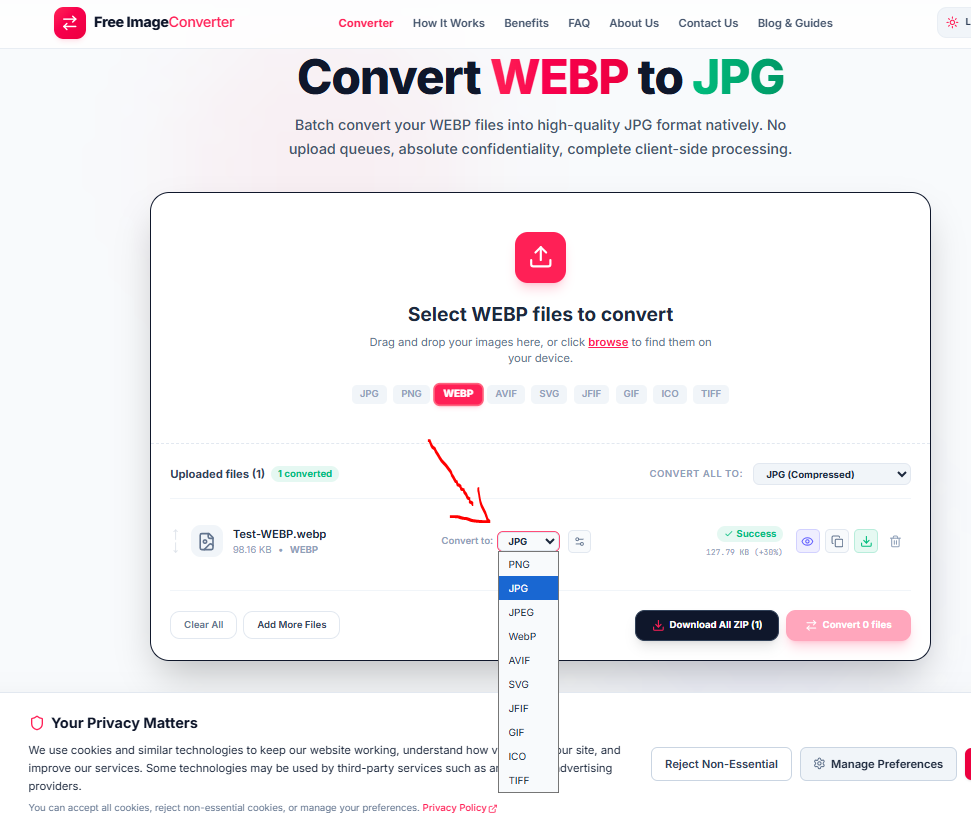 Free ImageConverter format dropdown showing all supported output formats including PNG, JPG, WebP, AVIF, SVG, and more