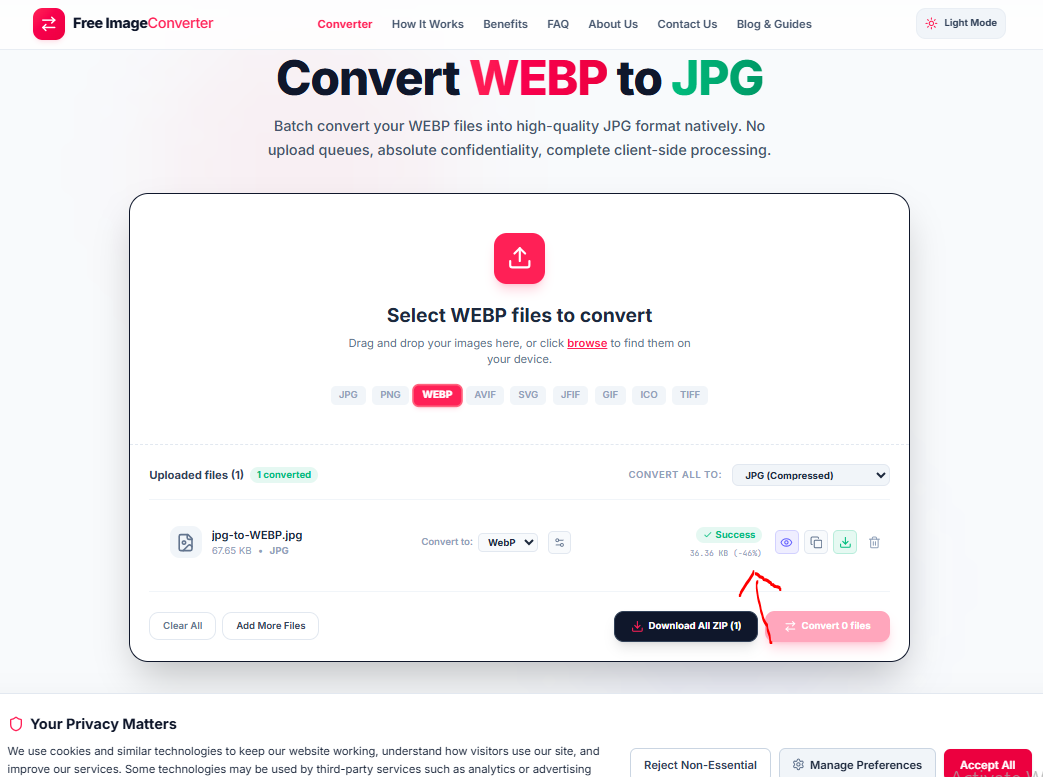Free ImageConverter tool showing a WebP file converted to JPG with a 30% file size increase