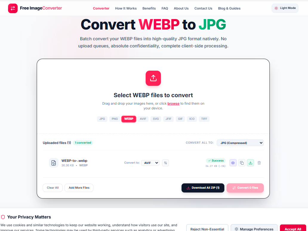 Free ImageConverter tool showing a WebP file converted to AVIF with almost no change in file size