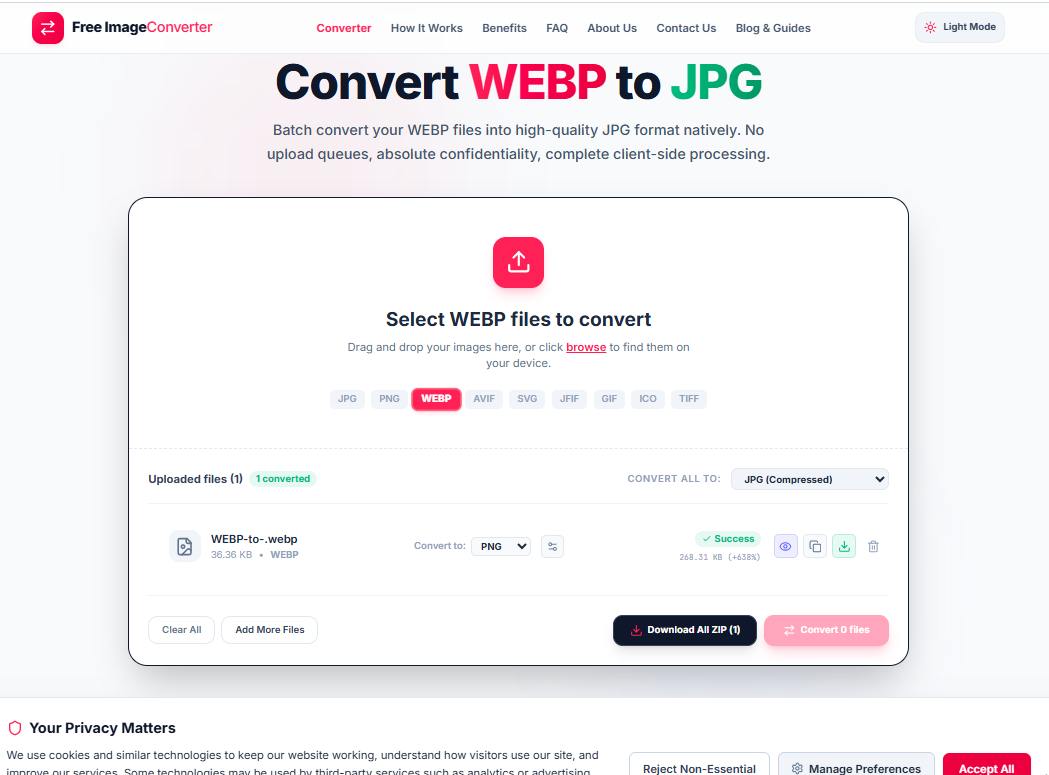 Free ImageConverter tool showing a WebP file converted to PNG with a 638% file size increase