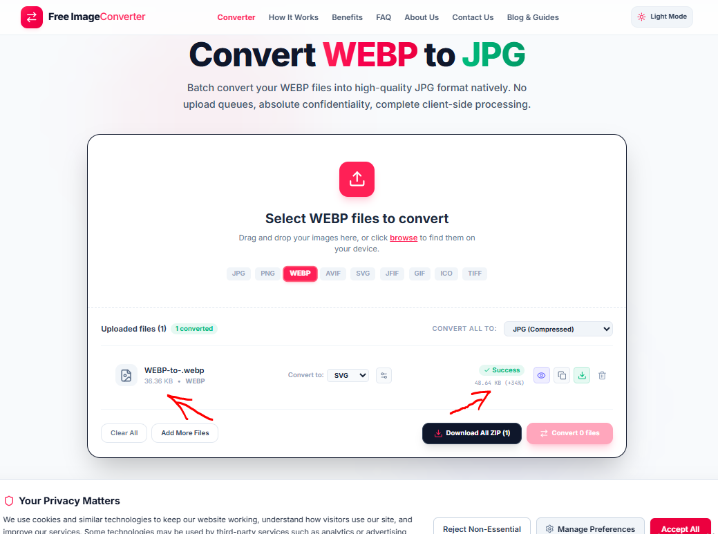 Free ImageConverter tool showing a WebP file converted to SVG with a 34% file size increase