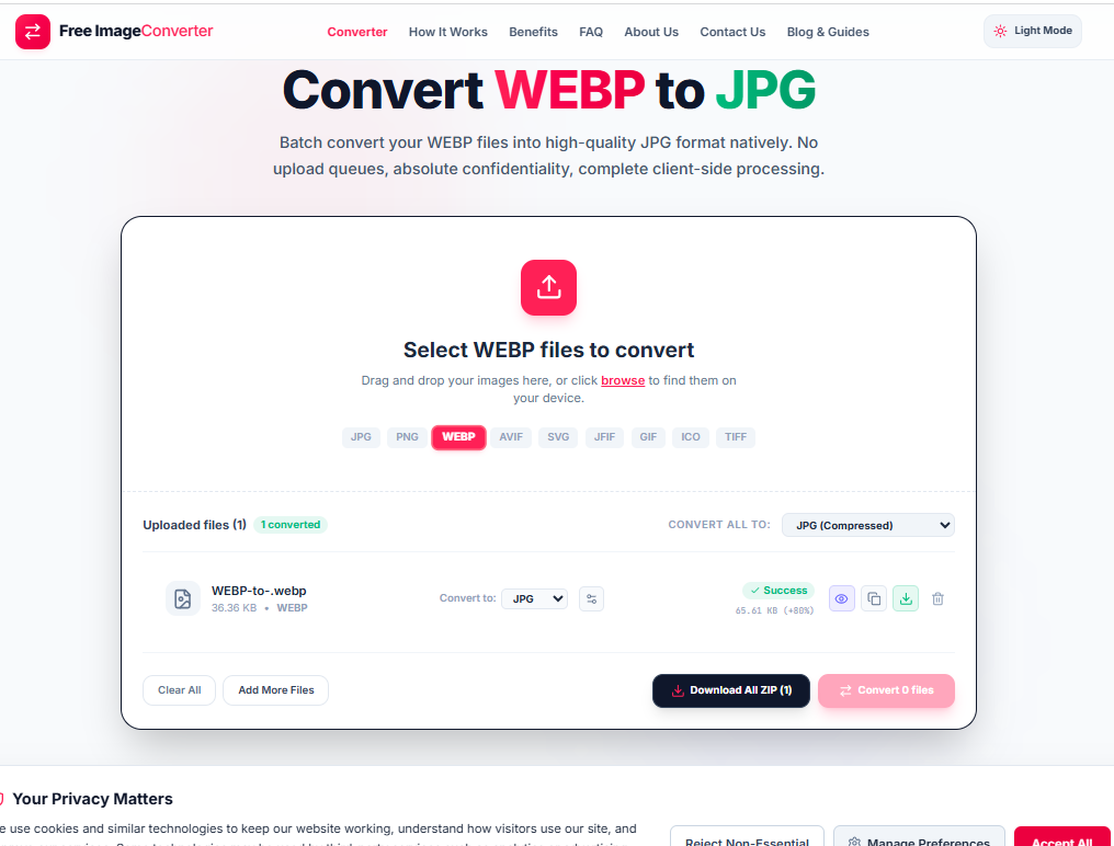 Free ImageConverter tool showing a WebP file converted to JPG with an 80% file size increase, for compatibility rather than compression