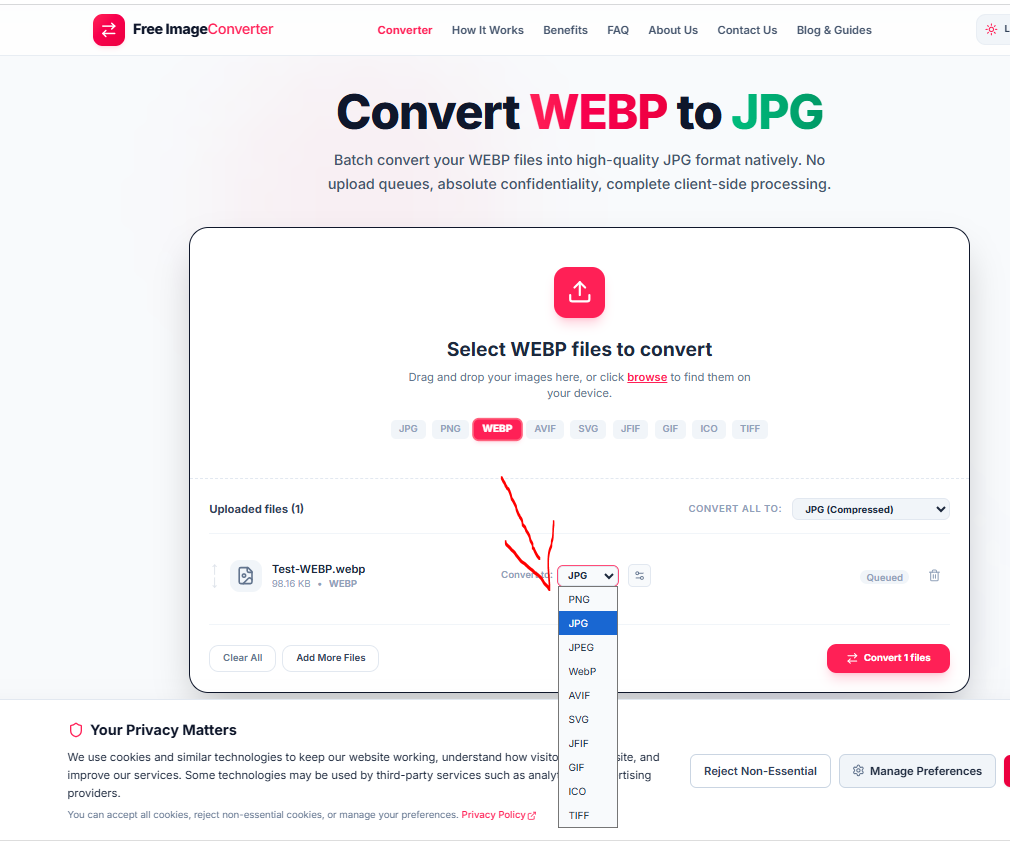 Format dropdown showing WEBP can convert to PNG, JPG, JPEG, WebP, AVIF, SVG, JFIF, GIF, ICO, and TIFF